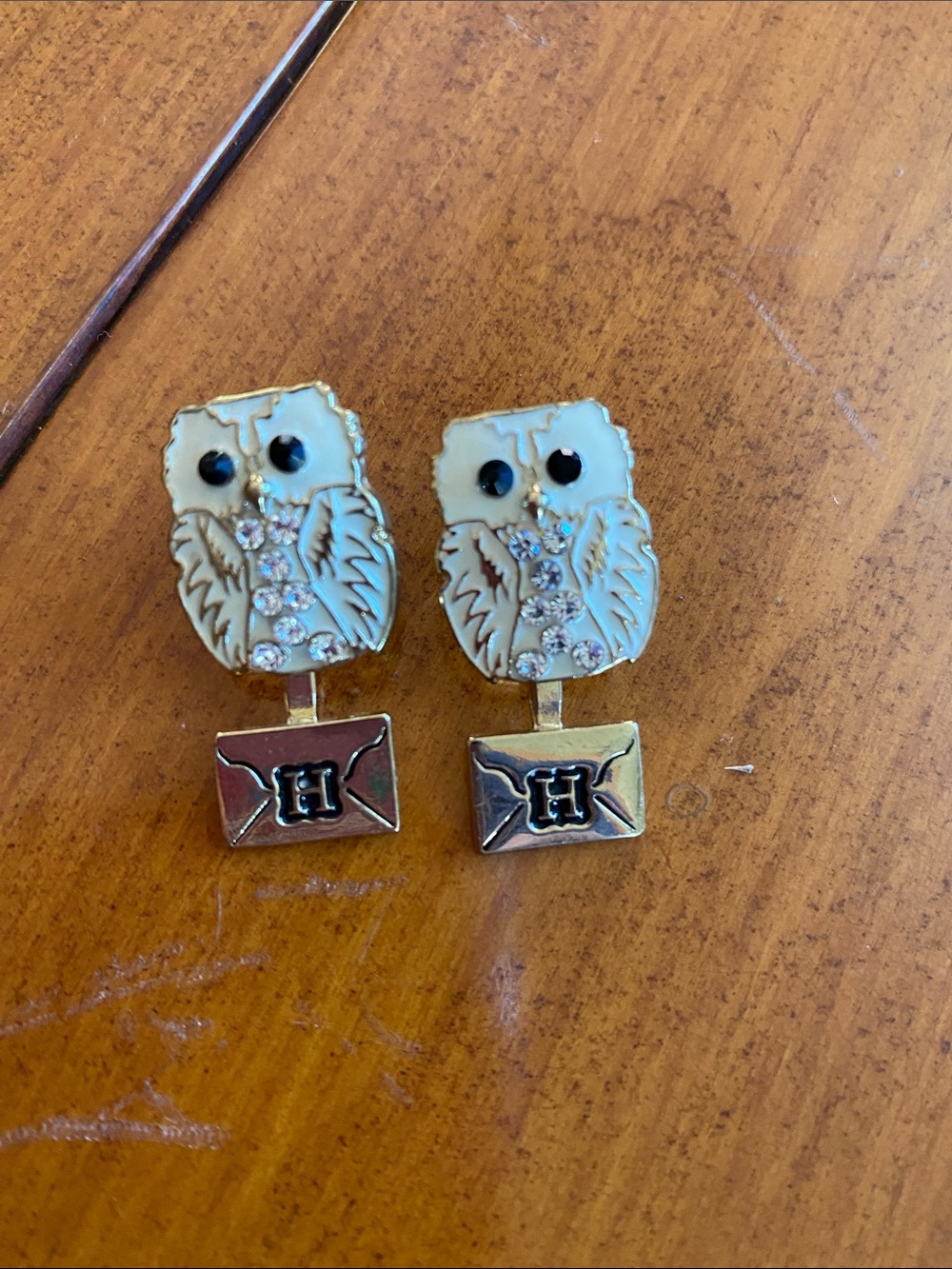 Gold Owl Envelope Cufflinks with White Enamel and Crystal Accents